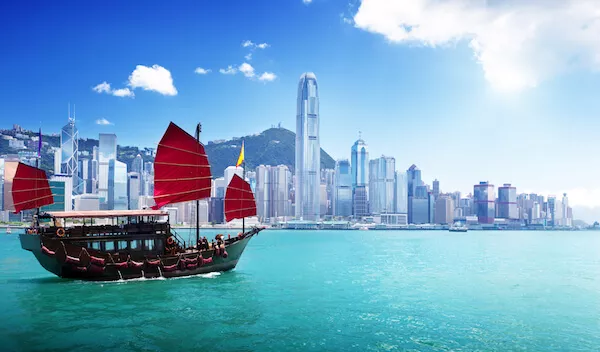 Hong Kong Skyscrapers with red boat